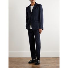 A.P.C. takes a minimalist approach when designing, so its tailoring is clean-lined and classic. This 'Harry' suit jacket is cut from wool with high notch lapels and a single vent. The darting at the middle gently tapers the shape. Single-button Wool Three-piece Suit For Work, Wool Three-piece Suit With Single Button For Work, Wool Three-piece Suit With Pressed Crease For Office, Modern Suits With Pressed Crease, Modern Single-breasted Suits, Tailored Business Blazer With Structured Boning, Modern Wool Suits For Business Casual, Modern Wool Suits For Business, Modern Wool Business Suits