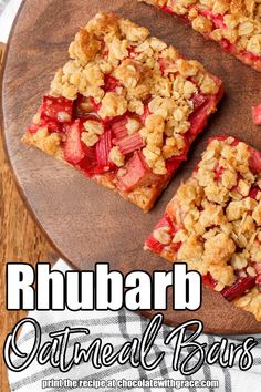 rhubarb oatmeal bars on a wooden platter with text overlay