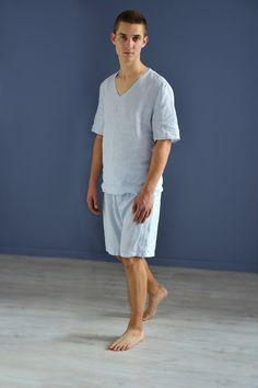 Linen simple pajama set for summer  in organic certified by OEKO-TEX standard 100 linen.Top short sleeved, v-neck, straight form.Top center back length - 27.5" (70 cm).Shorts with elasticated waist and loose style.Shorts inside seam length - 11" (28 cm). Pajama linen quality - washed and softened and should not shrink any more.On picture S size model wears article in dark navy/milky white/natural undyed linen size S.Other colors of item please find here:www.etsy.com/listing/538806706/linen-pajam Linen Pajama Set, Shorts And Top, Summer Pajama Set, White Pajamas, Linen Pajamas, Mens Pajamas Set, Summer Pajamas, Mens Linen, Style Shorts