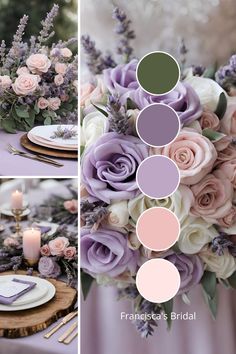 the table is set with purple and pink flowers, greenery, candles and plates