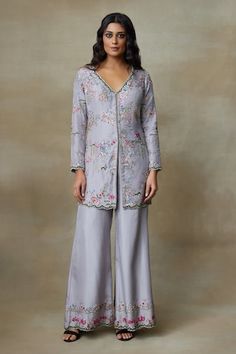 Grey padded kurta featuring  embroidered floral vine motifs, highlighted by sequin bead embellishments. Comes with matching embroidered flared pant. - Aza Fashions Spring V-neck Sets With Resham Embroidery, Festive Spring V-neck Palazzo Set, Spring V-neck Palazzo Set, V-neck Resham Embroidery Fitted Sets, V-neck Fitted Sets With Resham Embroidery, V-neck Wedding Sets For Spring, Spring Wedding V-neck Sets, Fitted V-neck Palazzo Set For Festive Occasions, Pant For Women