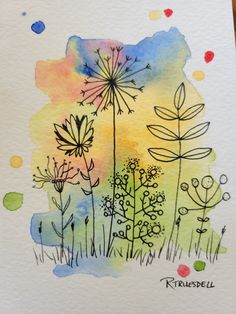 a watercolor painting of flowers and grass