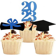 three cupcakes with graduation caps and tassels on them are shown in front of a white background