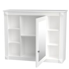 an open white cabinet with shelves and doors on both sides, isolated against a white background