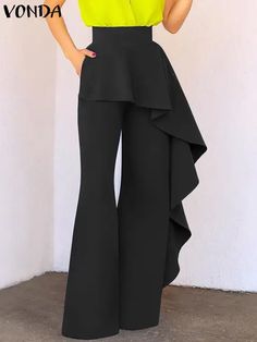 Revitalize your summer wardrobe with the VONDA Ruffled Pants – a perfect fusion of chic style and comfort. These high-waisted trousers redefine casual elegance, featuring a flattering wide-leg design that effortlessly complements the latest fashion trends of 2023. The playful addition of ruffles adds a touch of whimsy to your ensemble, making these pants a standout choice for both casual outings and elevated occasions. The practicality of pockets combined with the solid color palette further enh Oversized Trousers, Ruffled Pants, Cute Dresses For Party, Ruffle Pants, Fashion Design Drawings, Pants Design, Design Drawings, Leg Design, Wide Legs