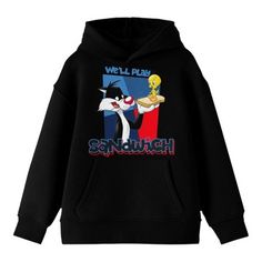 Warm up with this awesome Looney Tunes hoodie! This fun youth-sized hoodie showcases a large, colorful graphic of Sylvester and Tweedy on the front. This comfy hooded sweatshirt is made of high-quality, premium polyester and cotton materials to keep you warm and cozy in cold weather, and is professionally printed to ensure long-lasting color and print quality. It can be machine washed in cold water with like colors, and tumble dried on low for easy and convenient care. The Looney Tunes Sylvester Hoodie Cartoon Character, Graphic Print Hoodie Sweatshirt For School, Black Hooded Hoodie For School, Winter School Hoodie With Graphic Print, Winter Graphic Print Hoodie For School, Black Hooded School Hoodie, Pop Culture Cartoon Print Sweatshirt For Winter, Winter Pop Culture Sweatshirt With Cartoon Print, Looney Tunes Outfit