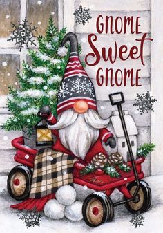 a christmas card with a gnome riding a motorcycle