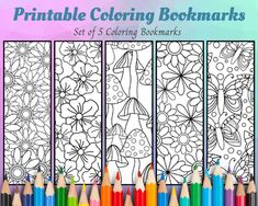 printable coloring bookmarks set of 5 with colored pencils