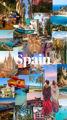 the collage shows many different pictures and words in spanish, including buildings, boats, and people