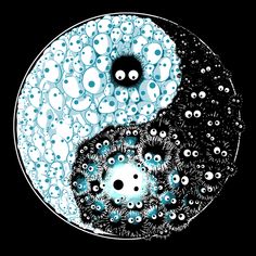 a yin - yang symbol is depicted in the dark background with water droplets on it