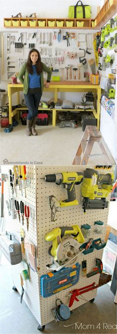 there are two pictures with tools on the wall and in the background is a woman sitting at a workbench