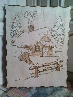 a drawing of a house in the snow with a fence and trees on it's side