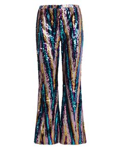 Celebrate this holiday season in style with these out-of-this-world pants!Completely covered in colorful, eye-catching sequins in a striped pattern, these pants are sure to turn heads everywhere you go! The elastic waist and easy pull-on fit make these pants as comfortable and practical as they are fabulously fun!The loose fitting legs with flared bottoms add a classic 1970's inspired twist to a fabulously modern and chic look. Perfect for this holiday season (and every other season!), these bot Glitter Sequin Pants, Sequin Pattern Pants, Multi Colored Sequin Pants, Rainbow Sequin Pants, Rainbow Flare Pants, Flared Bottoms, Sequin Pants, Steal The Spotlight, Rainbow Glitter