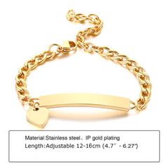 These bracelets are ion plated (IP) with 14K yellow gold on top of hypoallergenic stainless steel, and won't turn baby or reborn doll's skin, or vinyl, green. Click here for silver, here for rose gold. Limits: 2 lines maximum, 20 characters per line including spaces. When checking out, you will be able to leave me a note for the name you wish to have engraved. If you forget, no problem, just message me. Length: 12cm Imported with care from Singapore. Please allow 1 to 2 business days for process Gold Bracelets For Birthday, Gold Metal Bracelets For Birthday, Gold Metal Birthday Bracelets, Birthday Gold Name Bracelet Nickel Free, Gold Nickel-free Name Bracelet For Birthday, Customizable Gold Stainless Steel Name Bracelet, Customizable Gold Heart Bracelet, Gold Stainless Steel Bracelets For Valentine's Day, Mother's Day Gold Stainless Steel Bracelet