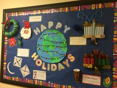 a bulletin board decorated with holiday decorations