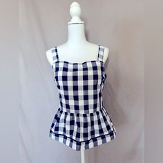 Maison Jules Cropped, Peplum Camisole. Size L. Navy And White Buffalo Check. Smocked Back For A Comfortable Fit. Straps Are Not Adjustable. 100% Cotton. Never Worn. Fitted Sleeveless Top For Picnic, Summer Sleeveless Gingham Top, Cotton Sleeveless Tank Top For Picnic, Sleeveless Gingham Tops For Day Out, Sleeveless Ruffled Tops For Picnic, Sleeveless Summer Peplum Top, Sleeveless Summer Peplum Top For Day Out, Casual Sleeveless Peplum Top For Day Out, Sleeveless Cotton Peplum Top For Day Out