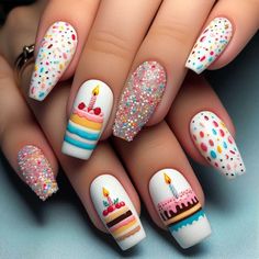 Candy Theme Nails Art Designs, Nail Birthday Cake, Birthday Candle Nail Art, Birthday Cake Nail Art, Birthday Candle Nails, Birthday Cake Nails Design, Funfetti Nails, Sprinkles Nails, Happy Birthday Nails