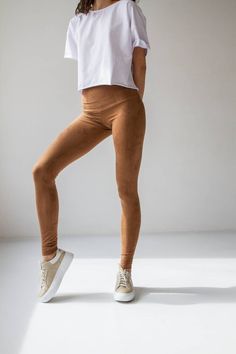 High Waist Leggings Stretch Casual Leggings for Women Faux Suede Beige Slim Pants - Etsy Light Brown Leggings Outfit, Sporty Tight Brown Leggings, Tight Brown Leggings, Casual Brown Full-length Leggings, Brown Leggings Outfit, Fitted Full-length Beige Leggings, Sporty Brown Full-length Leggings, Brown Leggings, Casual Leggings