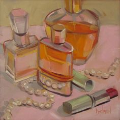 an oil painting of perfume bottles and pearls