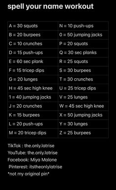 a table with the names and numbers for each workout