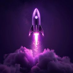 a space shuttle is flying through the sky with clouds and stars around it, in front of a purple hued background