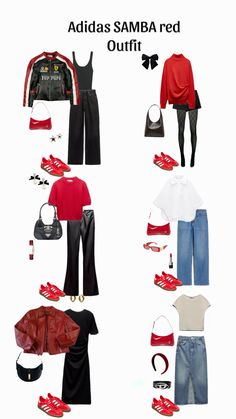 Red And Blue Sneakers Outfit, How To Style Red Sneakers Women, Outfits With Pops Of Red, How To Style Red Sneakers, Outfits Ideas With Black Converse, Red Gazelles Outfit, Red Sambas Adidas Women Outfit, Red Addidas Outfits Girl, Gazelle Red Adidas Outfit