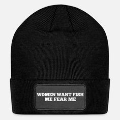 Cotton Beanie With Logo Patch, Winter Cotton Beanie With Logo Patch, Winter Cotton Hats With Logo Patch, Streetwear Beanie With Logo Patch, Casual Fall Beanie With Logo Patch, Fall Casual Beanie With Logo Patch, Winter Outdoor Beanie With Logo Patch, Patch Beanie, Fish