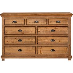 a wooden dresser with many drawers and knobs