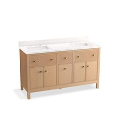 a bathroom vanity with two sinks and no faucets on the top, against a white background