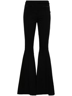 black stretch-jersey flared design seam detailing two front jetted pockets two rear flap pockets front button and zip fastening 70s Fashion Black, Black Bell Bottom, Black Flares, Flared Trousers, Wardrobe Edit, Yoko London, Bell Bottom Pants, Flare Trousers