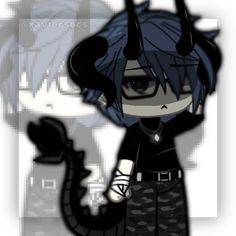 an anime character with blue hair and horns on her head, holding a black object in one hand