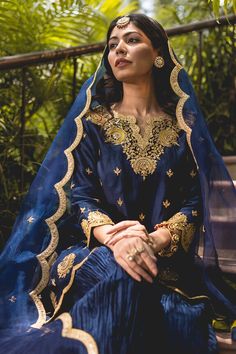 Navy blue banarasi chanderi kurta with marori and lace patchwork embroidery. Paired with scallop edge embroidered dupatta and crushed sharara. - Aza Fashions Crushed Sharara, Kurta And Sharara Set, Kurta And Sharara, Patchwork Embroidery, Embroidered Dupatta, Scallop Edge, Sharara Set, Lace Patchwork, Set For Women