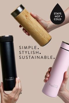 three different types of tumblers with the words simple, stylish, and sustenable