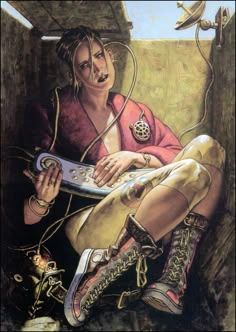 a painting of a woman sitting on the ground holding a remote control in her hand