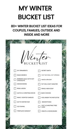 Winter bucket list with activities like DIY ornaments, baking cookies, and visiting natural hot springs. Bucket List Activities