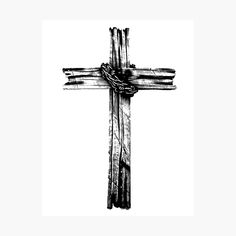 a black and white drawing of a cross with barbed wire on it's sides