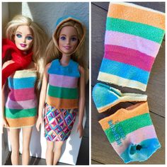 two barbie dolls wearing colorful clothing and socks