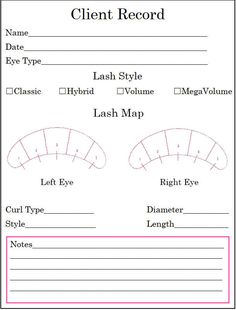 Lash Client Record Card, Lash Extensions Client Record, Lash Client Record Form, Lash Tech Notes, Lash Notes, Lash Beginner, Beginner Lash Tech Prices, Lashing Tips, Lash Client Record