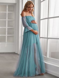 Sheer Off-Shoulder Double Skirt Maxi Maternity Dress dresses cortos, ducktape dresses, redprom dresses #dressesvideo #dressesbyrusso #dressesperth Vestidos Para Baby Shower, Elegant Maternity Dresses, Maxi Maternity Dress, Pregnancy Looks, Ever Pretty, Maternity Maxi, Skirt Maxi, Dress Dusty, Pregnancy Maxi Dress