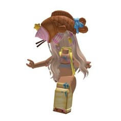 an animated woman with blonde hair carrying a brown suitcase and wearing a blue bow on her head