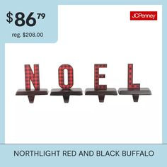 three red and black buffalo checkered letters with the words noel spelled in them on display