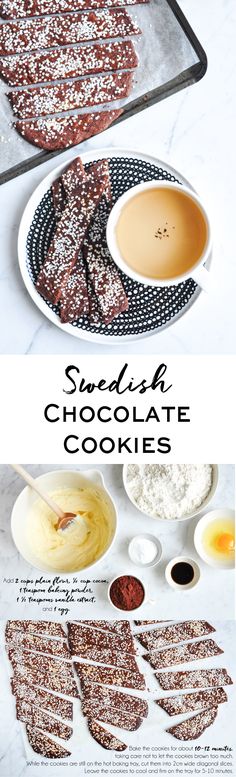 chocolate cookies on a plate next to bowls and spoons