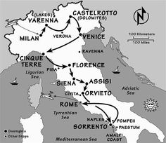 a map showing the routes of various towns in europe and italy, with names on it