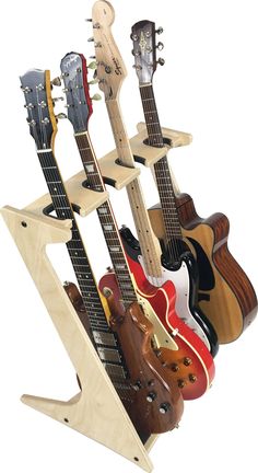 the guitar stand is made out of wood and has five different guitars on each shelf