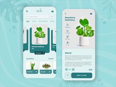 an app for plants is shown on the phone screen and in front of it are two potted plants