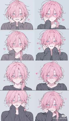 anime character poses with pink hair and glasses on his face, while he is holding his hand to his mouth