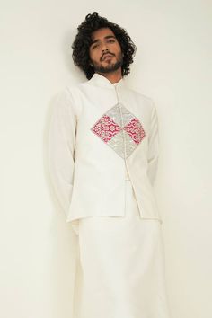 Off white bundi with floral embroidery. - Aza Fashions Nehru Jacket, Nehru Jackets, Kurta With Pants, White Silk, Pants Pattern, Embroidered Patch, Aza Fashion, Embroidered Patches, Floral Embroidery