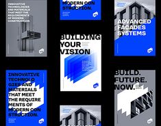 several brochures are displayed on a black and white background with blue text that reads, building your vision