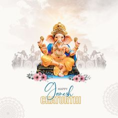 an elephant statue sitting on top of a bench with flowers around it and the words happy ganesh chaturthi written below