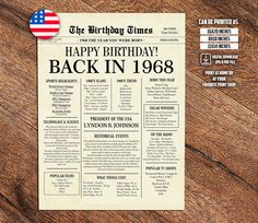 an old newspaper with the words happy birthday back in 1932 on it, sitting on top of a wooden table